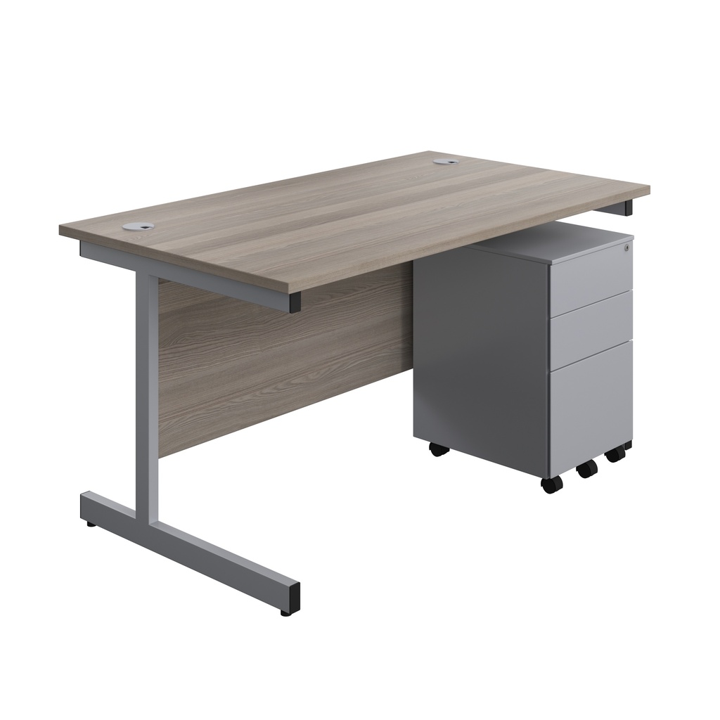 Single Upright Rectangular Desk + Under Desk Steel Pedestal 3 Drawers (FSC) | 1400 X 800 | Grey Oak/Silver | 