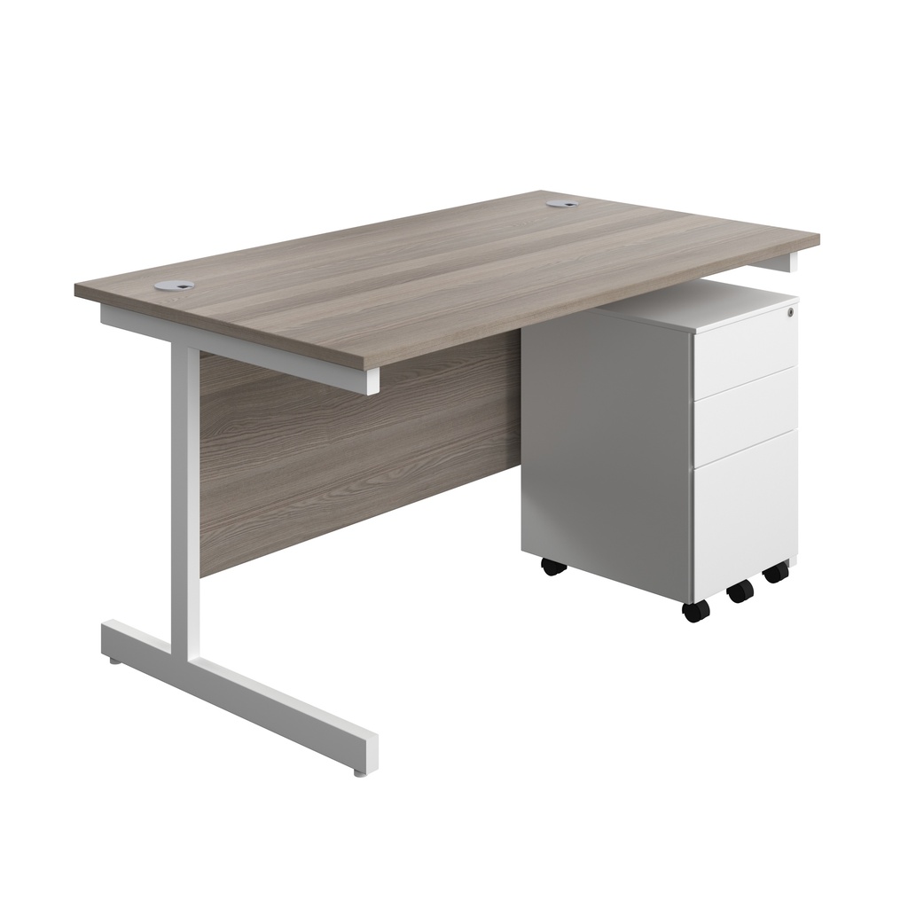 Single Upright Rectangular Desk + Under Desk Steel Pedestal 3 Drawers (FSC) | 1400 X 800 | Grey Oak/White | 