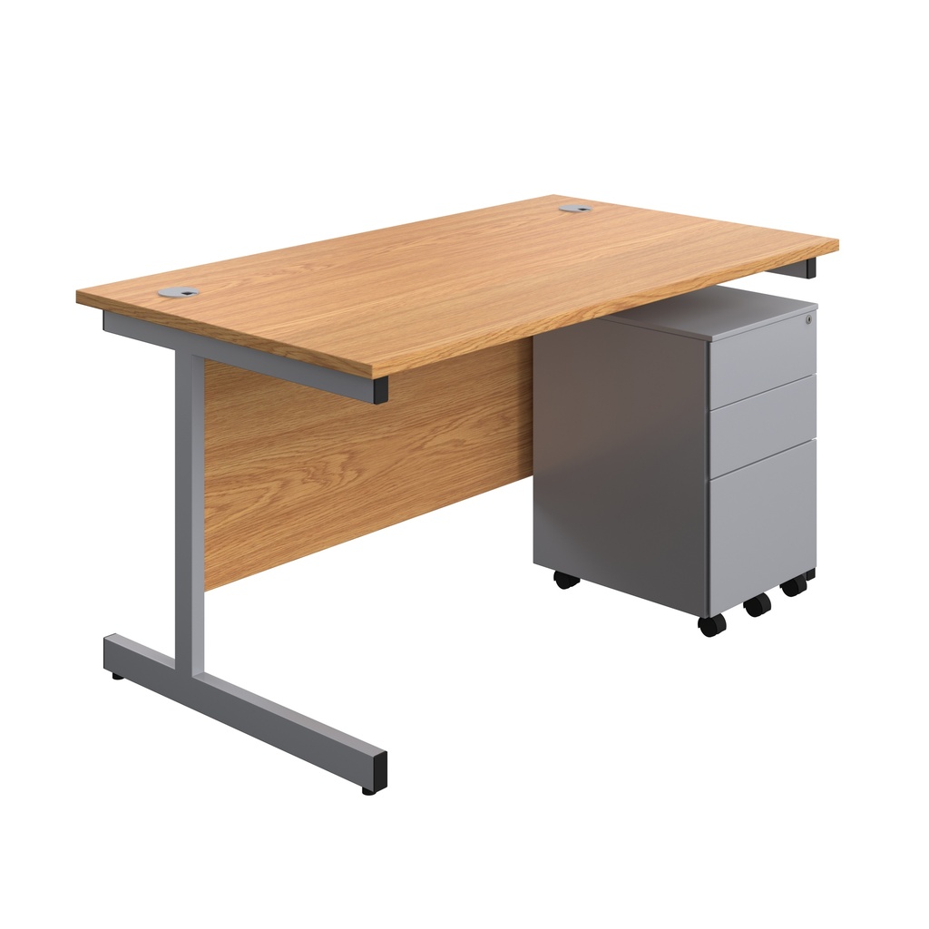 Single Upright Rectangular Desk + Under Desk Steel Pedestal 3 Drawers (FSC) | 1400 X 800 | Nova Oak/Silver | 