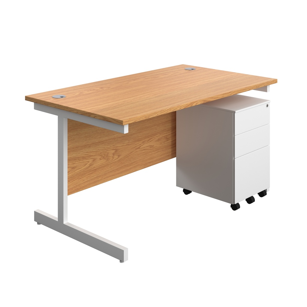 Single Upright Rectangular Desk + Under Desk Steel Pedestal 3 Drawers (FSC) | 1400 X 800 | Nova Oak/White | 