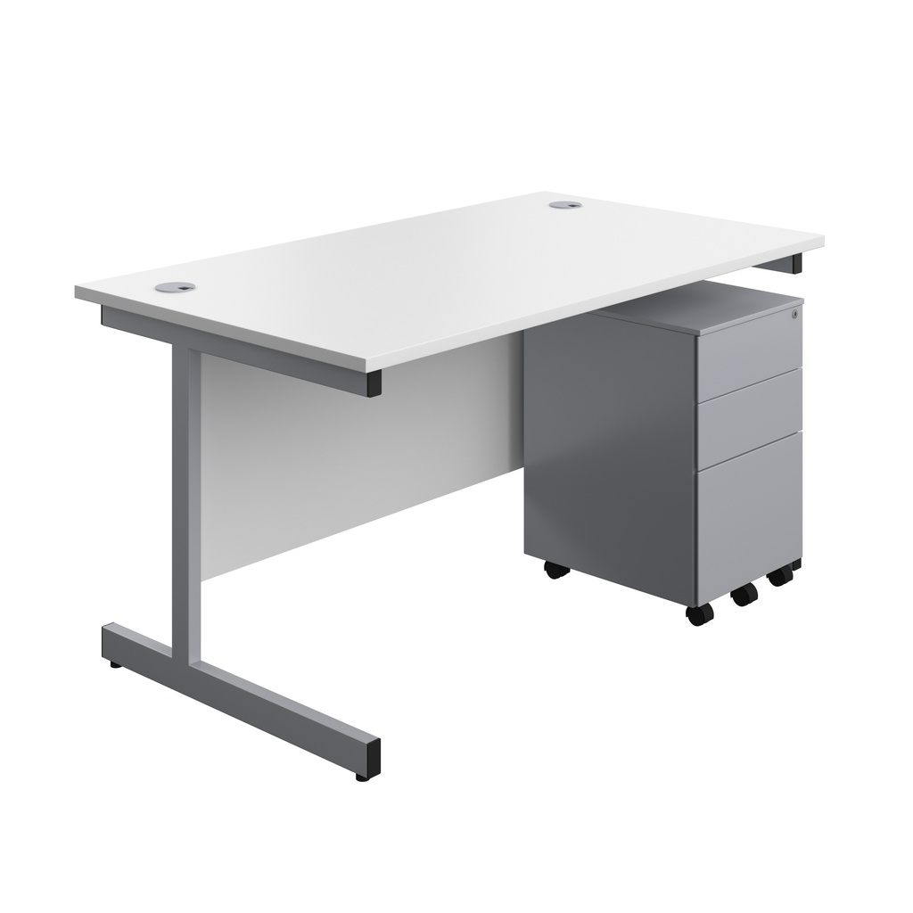 Single Upright Rectangular Desk + Under Desk Steel Pedestal 3 Drawers (FSC) | 1400 X 800 | White/Silver | 