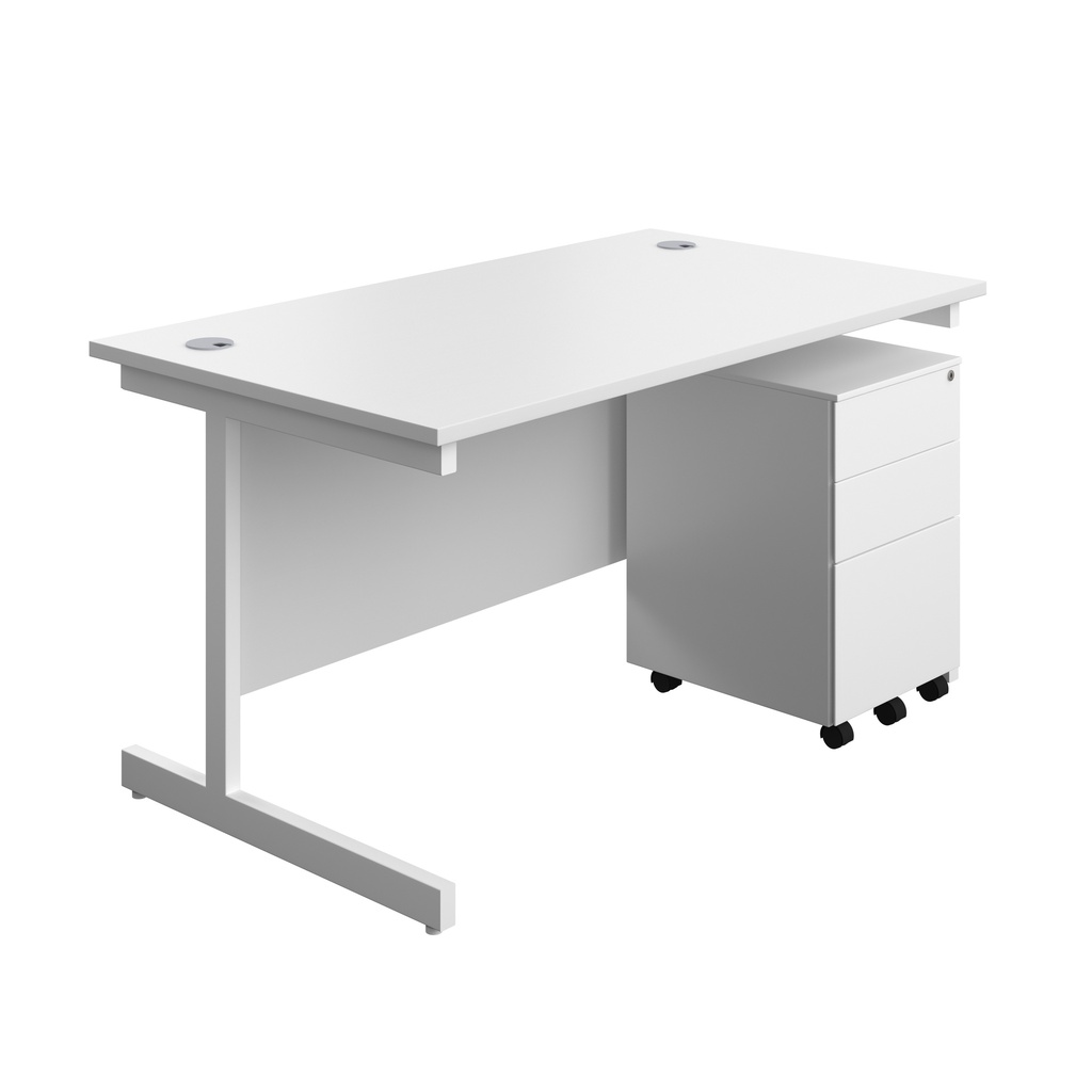Single Upright Rectangular Desk + Under Desk Steel Pedestal 3 Drawers (FSC) | 1400 X 800 | White/White | 