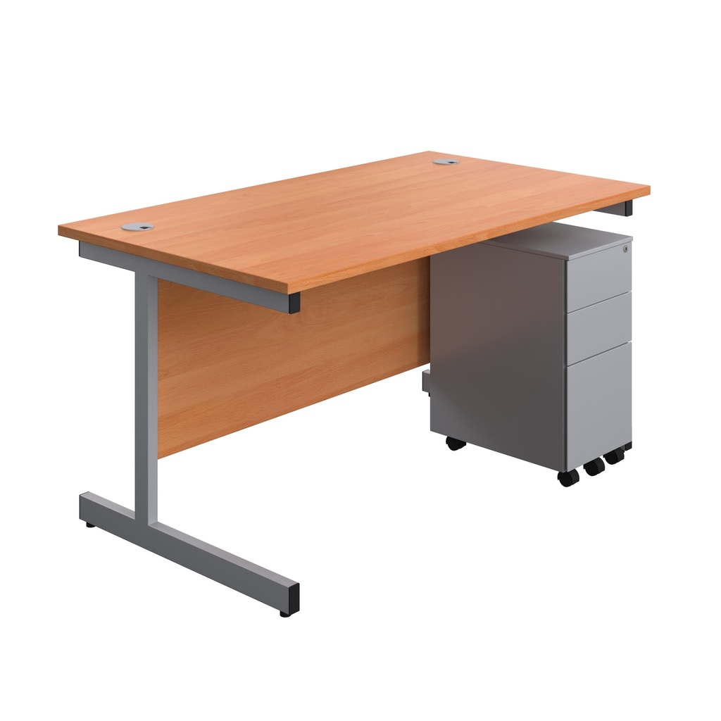 Single Upright Rectangular Desk + Slimline Steel Pedestal 3 Drawers (FSC) | 1400 X 800 | Beech/Silver | 