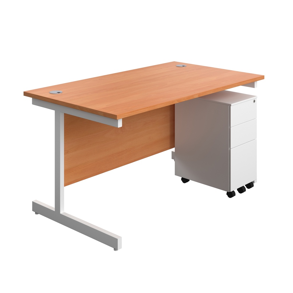 Single Upright Rectangular Desk + Slimline Steel Pedestal 3 Drawers (FSC) | 1400 X 800 | Beech/White | 