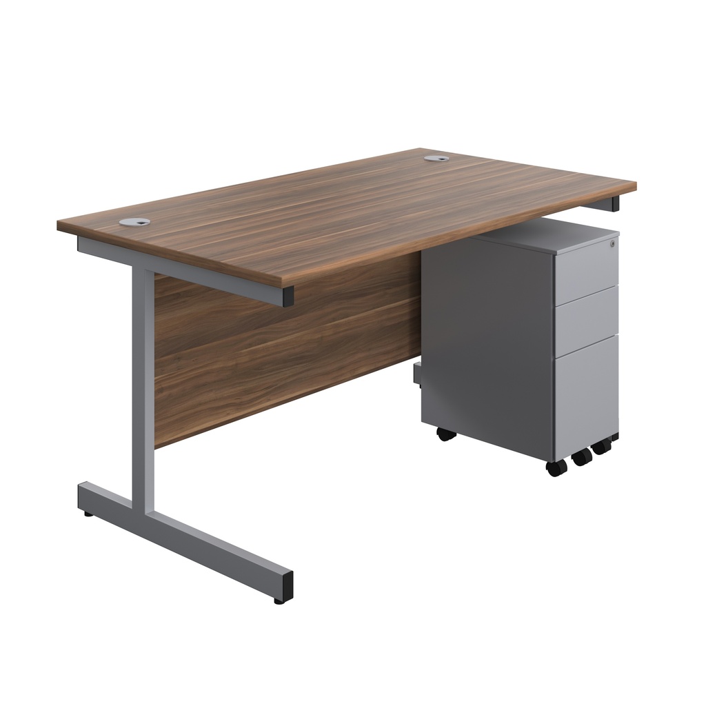 Single Upright Rectangular Desk + Slimline Steel Pedestal 3 Drawers (FSC) | 1400 X 800 | Dark Walnut/Silver | 