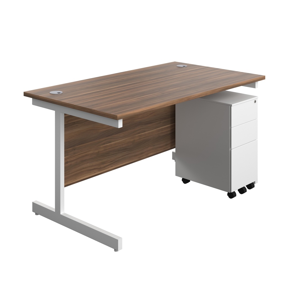 Single Upright Rectangular Desk + Slimline Steel Pedestal 3 Drawers (FSC) | 1400 X 800 | Dark Walnut/White | 