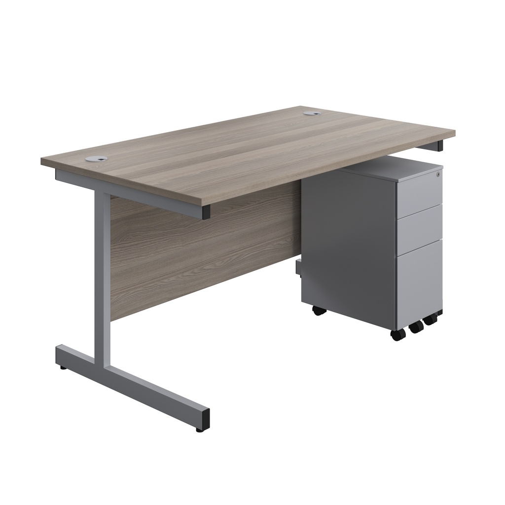 Single Upright Rectangular Desk + Slimline Steel Pedestal 3 Drawers (FSC) | 1400 X 800 | Grey Oak/Silver | 