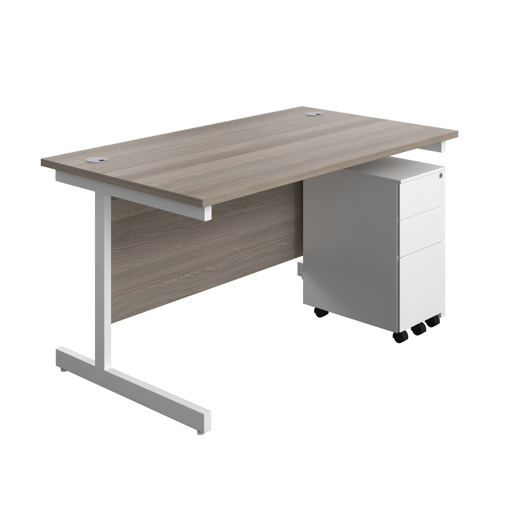 Single Upright Rectangular Desk + Slimline Steel Pedestal 3 Drawers (FSC) | 1400 X 800 | Grey Oak/White | 
