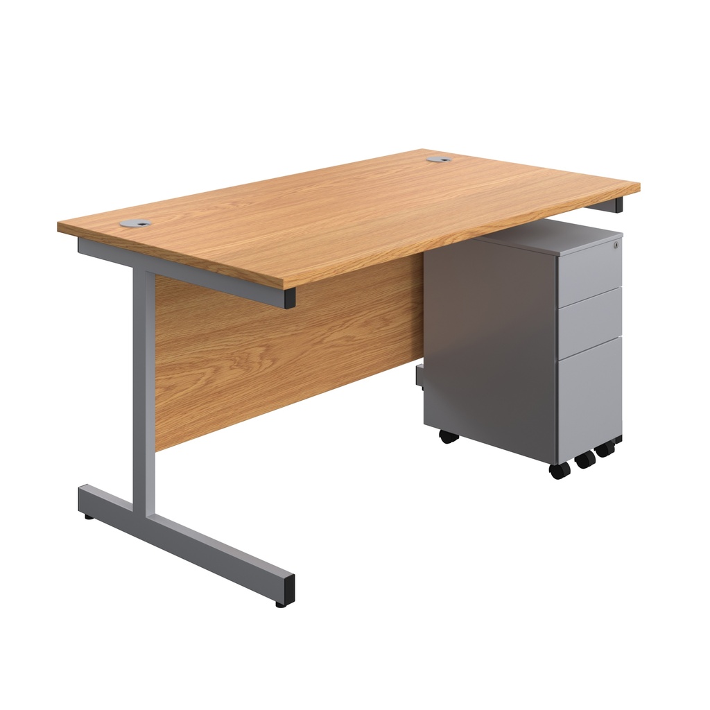 Single Upright Rectangular Desk + Slimline Steel Pedestal 3 Drawers (FSC) | 1400 X 800 | Nova Oak/Silver | 