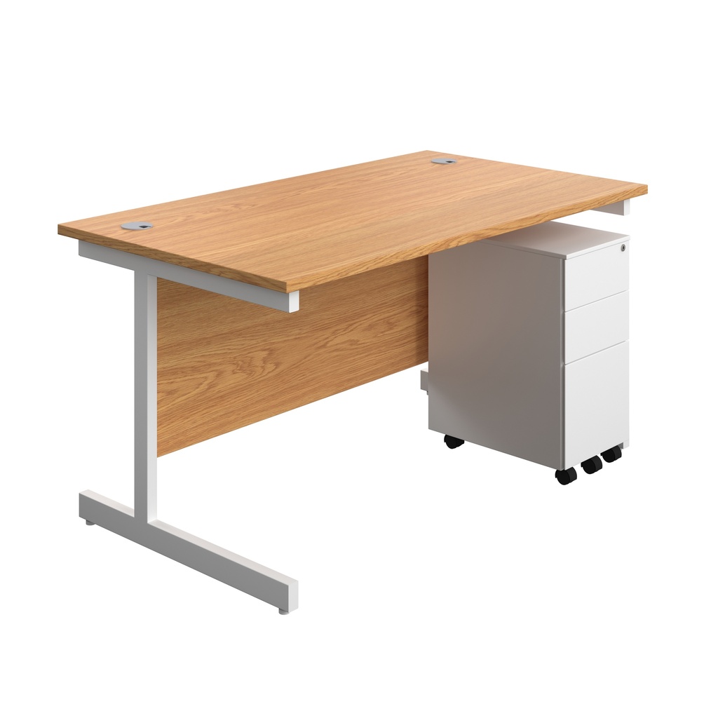 Single Upright Rectangular Desk + Slimline Steel Pedestal 3 Drawers (FSC) | 1400 X 800 | Nova Oak/White | 
