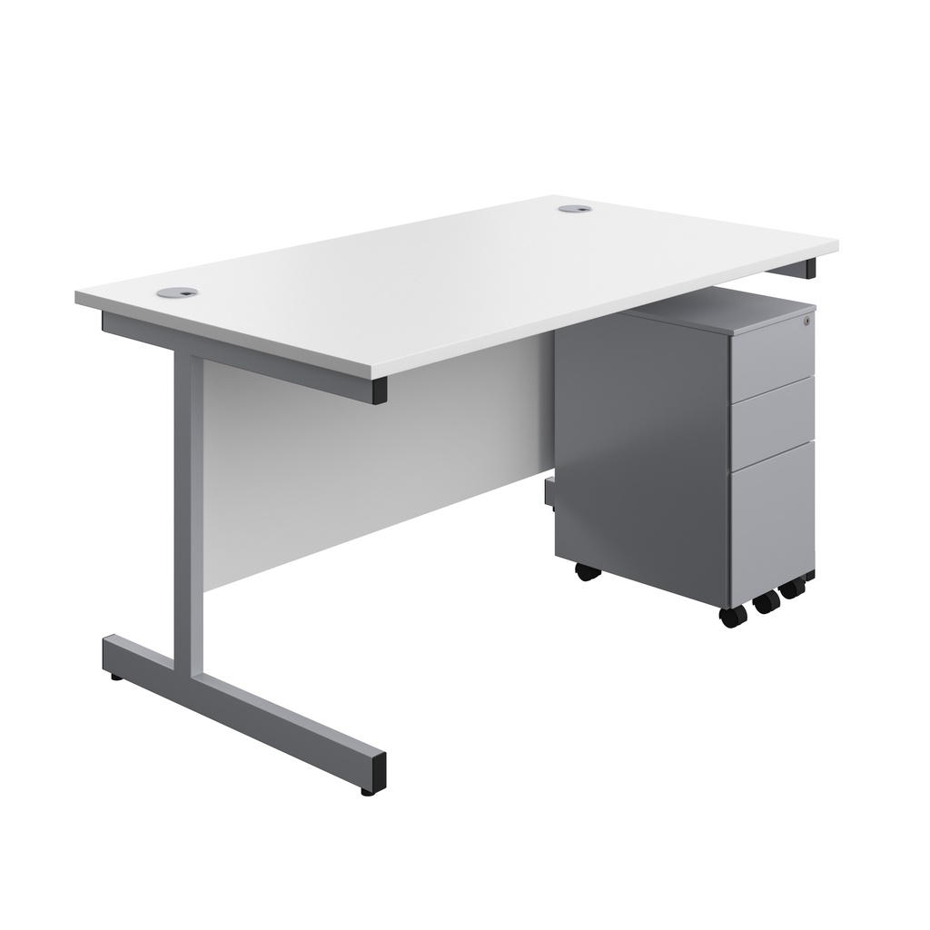 Single Upright Rectangular Desk + Slimline Steel Pedestal 3 Drawers (FSC) | 1400 X 800 | White/Silver | 