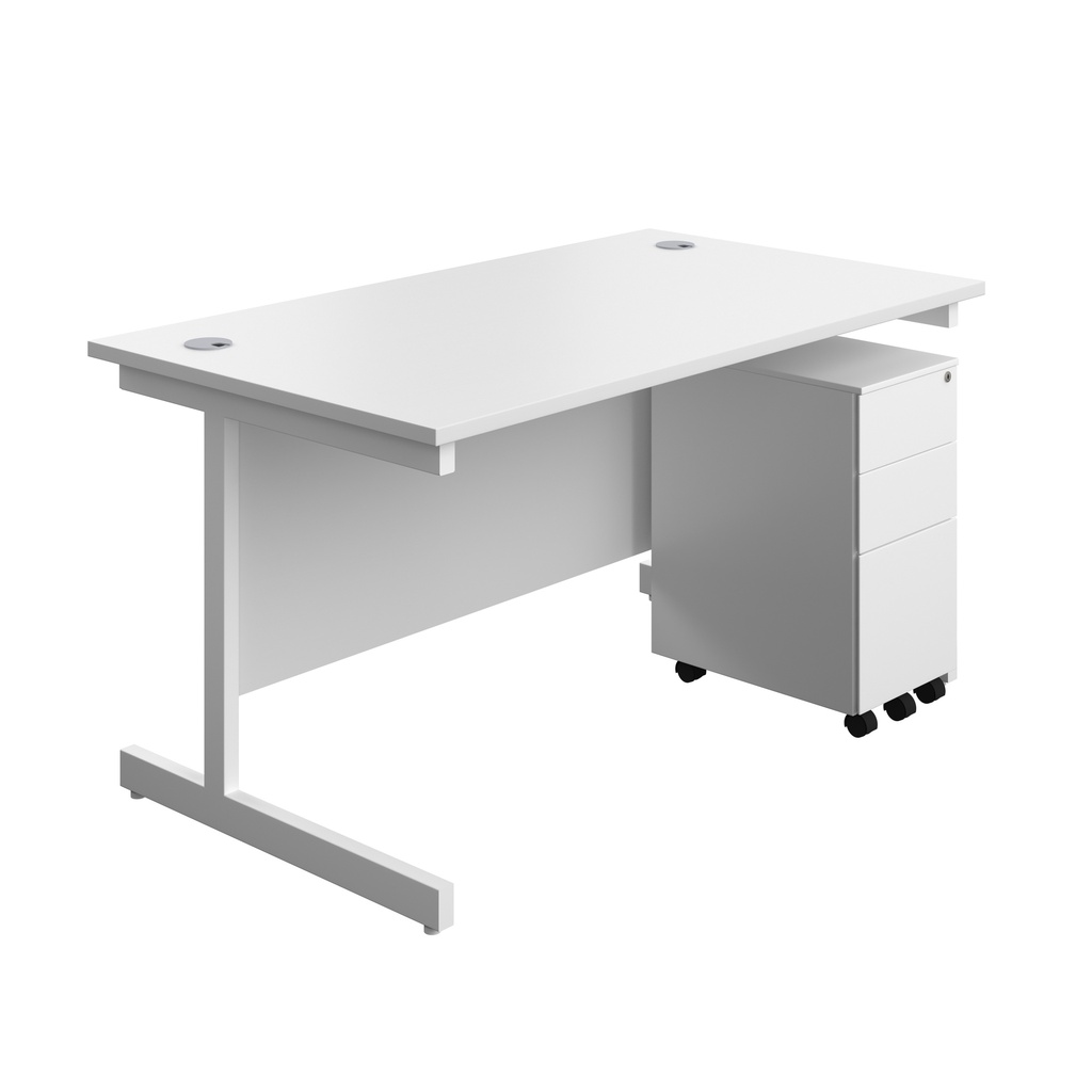 Single Upright Rectangular Desk + Slimline Steel Pedestal 3 Drawers (FSC) | 1400 X 800 | White/White | 