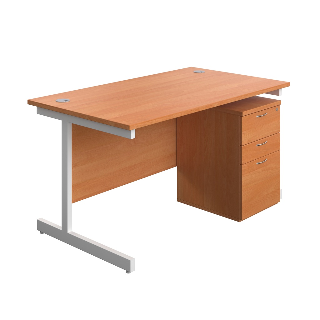 Single Upright Rectangular Desk + High Mobile Pedestal 3 Drawer (FSC) | 1400 X 800 | Beech/White | 