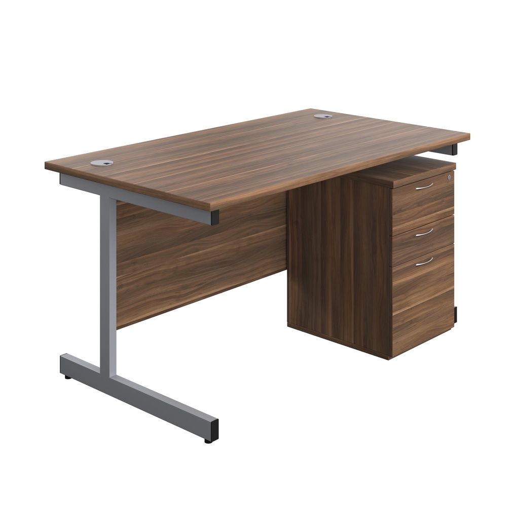 Single Upright Rectangular Desk + High Mobile Pedestal 3 Drawer (FSC) | 1400 X 800 | Dark Walnut/Silver | 
