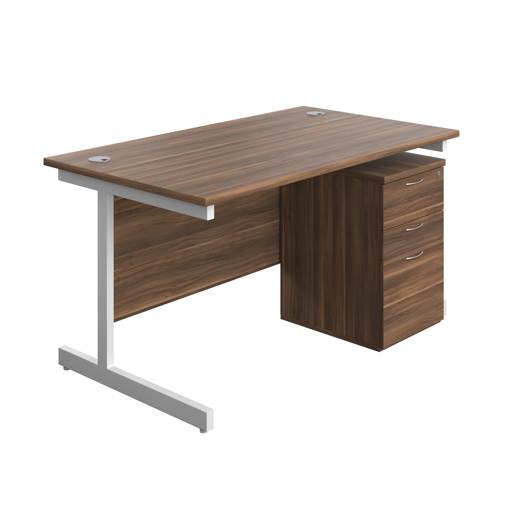 Single Upright Rectangular Desk + High Mobile Pedestal 3 Drawer (FSC) | 1400 X 800 | Dark Walnut/White | 
