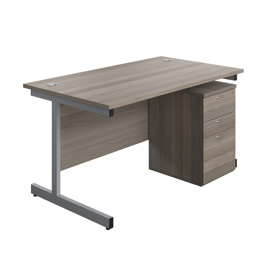 Single Upright Rectangular Desk + High Mobile Pedestal 3 Drawer (FSC) | 1400 X 800 | Grey Oak/Silver | 