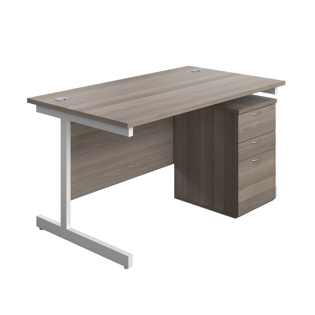 Single Upright Rectangular Desk + High Mobile Pedestal 3 Drawer (FSC) | 1400 X 800 | Grey Oak/White | 