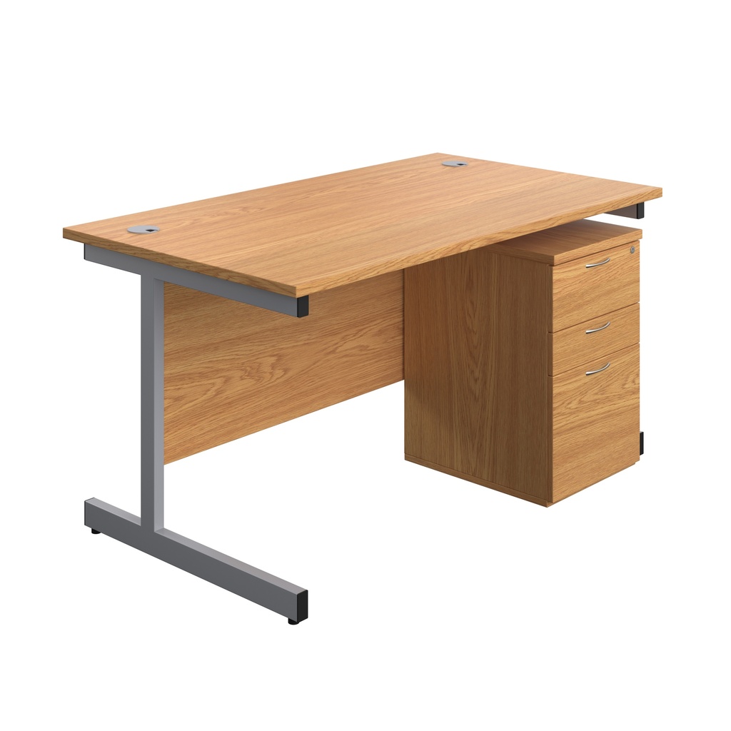 Single Upright Rectangular Desk + High Mobile Pedestal 3 Drawer (FSC) | 1400 X 800 | Nova Oak/Silver | 