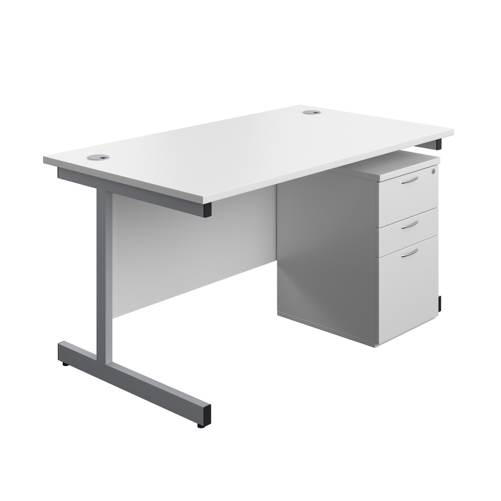 Single Upright Rectangular Desk + High Mobile Pedestal 3 Drawer (FSC) | 1400 X 800 | White/Silver | 