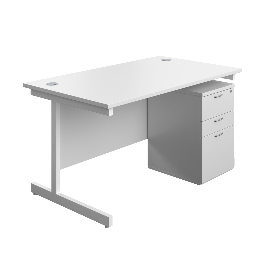Single Upright Rectangular Desk + High Mobile Pedestal 3 Drawer (FSC) | 1400 X 800 | White/White | 