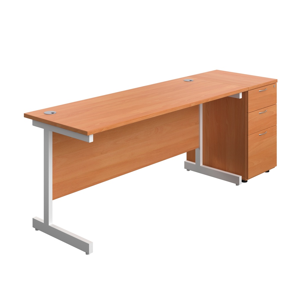 Single Upright Rectangular Desk + Desk High 3 Drawer Pedestal (FSC) | 1600 X 600 | Beech/White | 