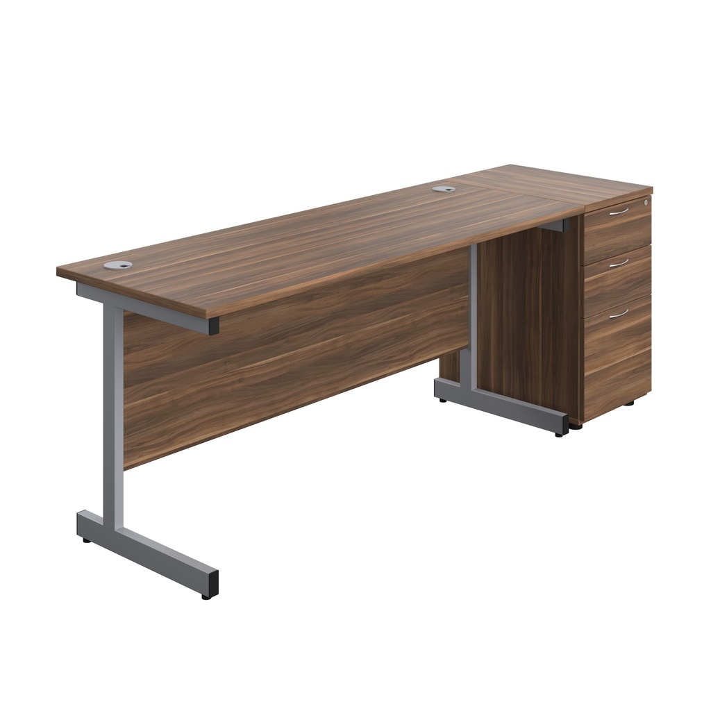 Single Upright Rectangular Desk + Desk High 3 Drawer Pedestal (FSC) | 1600 X 600 | Dark Walnut/Silver | 