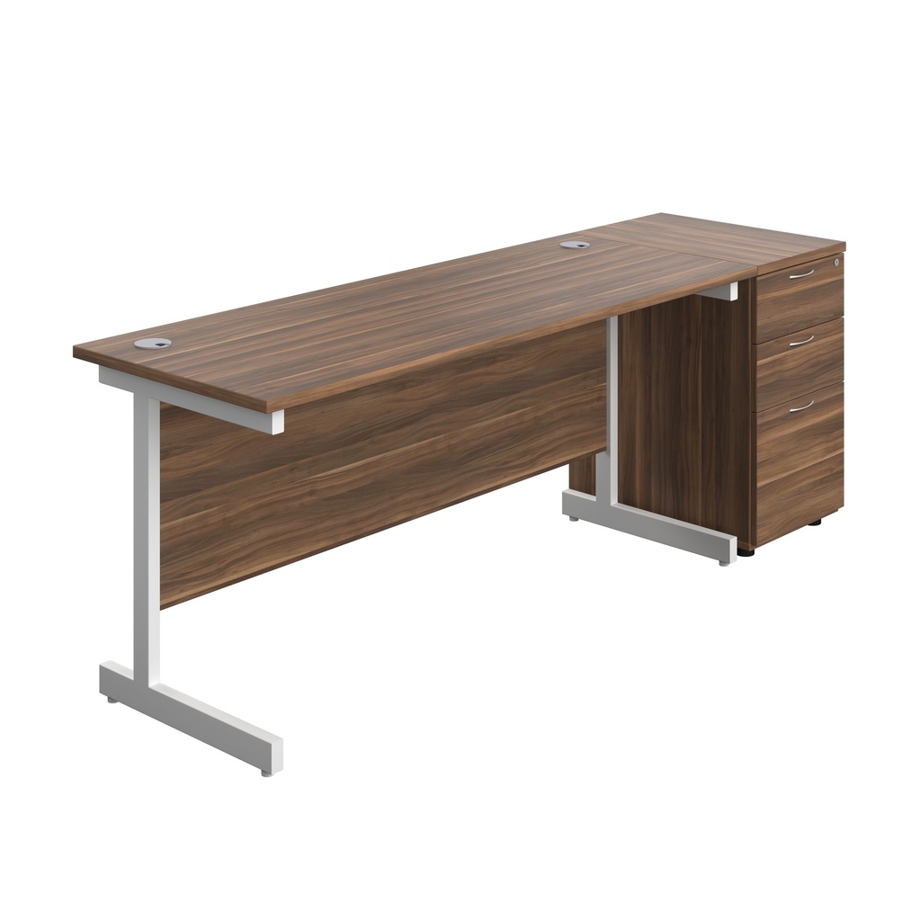 Single Upright Rectangular Desk + Desk High 3 Drawer Pedestal (FSC) | 1600 X 600 | Dark Walnut/White | 