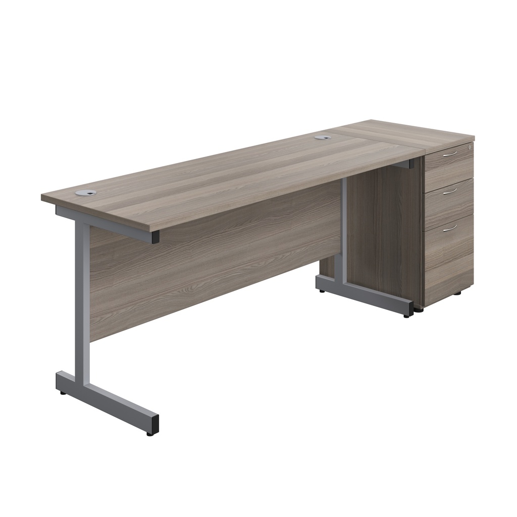 Single Upright Rectangular Desk + Desk High 3 Drawer Pedestal (FSC) | 1600 X 600 | Grey Oak/Silver | 