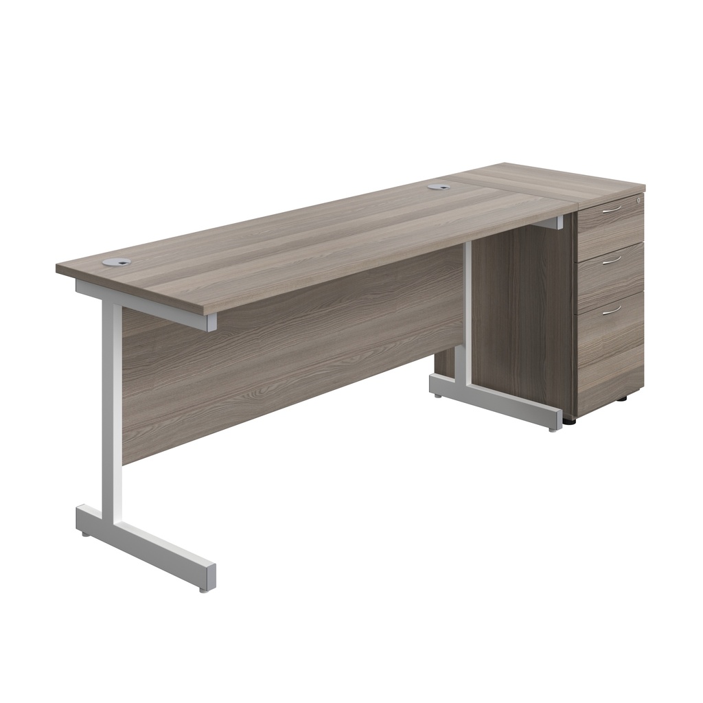 Single Upright Rectangular Desk + Desk High 3 Drawer Pedestal (FSC) | 1600 X 600 | Grey Oak/White | 