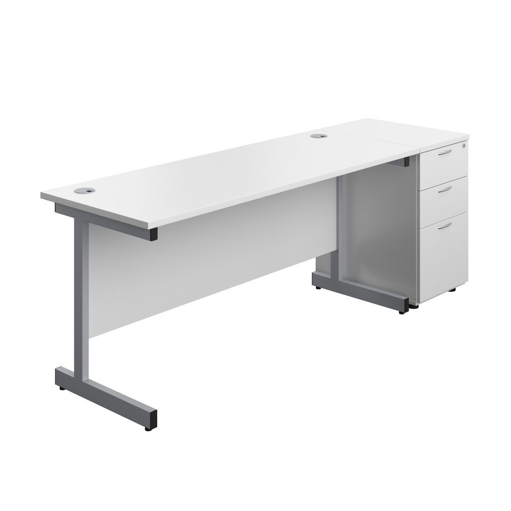 Single Upright Rectangular Desk + Desk High 3 Drawer Pedestal (FSC) | 1600 X 600 | White/Silver | 