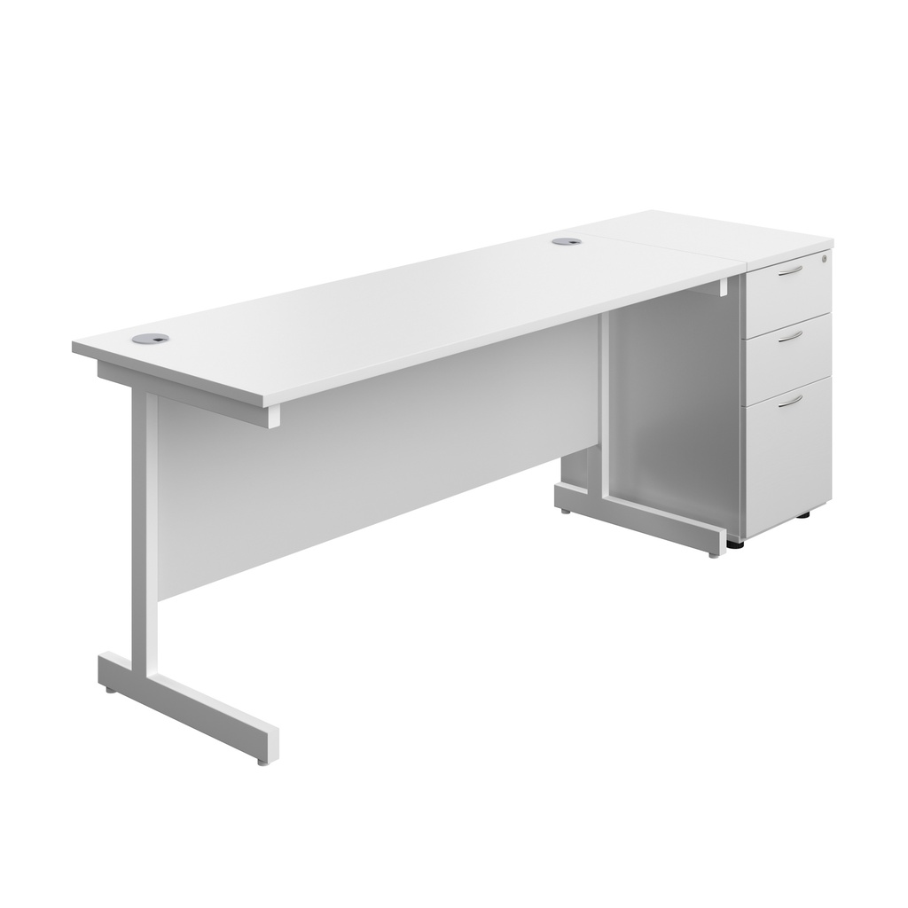 Single Upright Rectangular Desk + Desk High 3 Drawer Pedestal (FSC) | 1600 X 600 | White/White | 