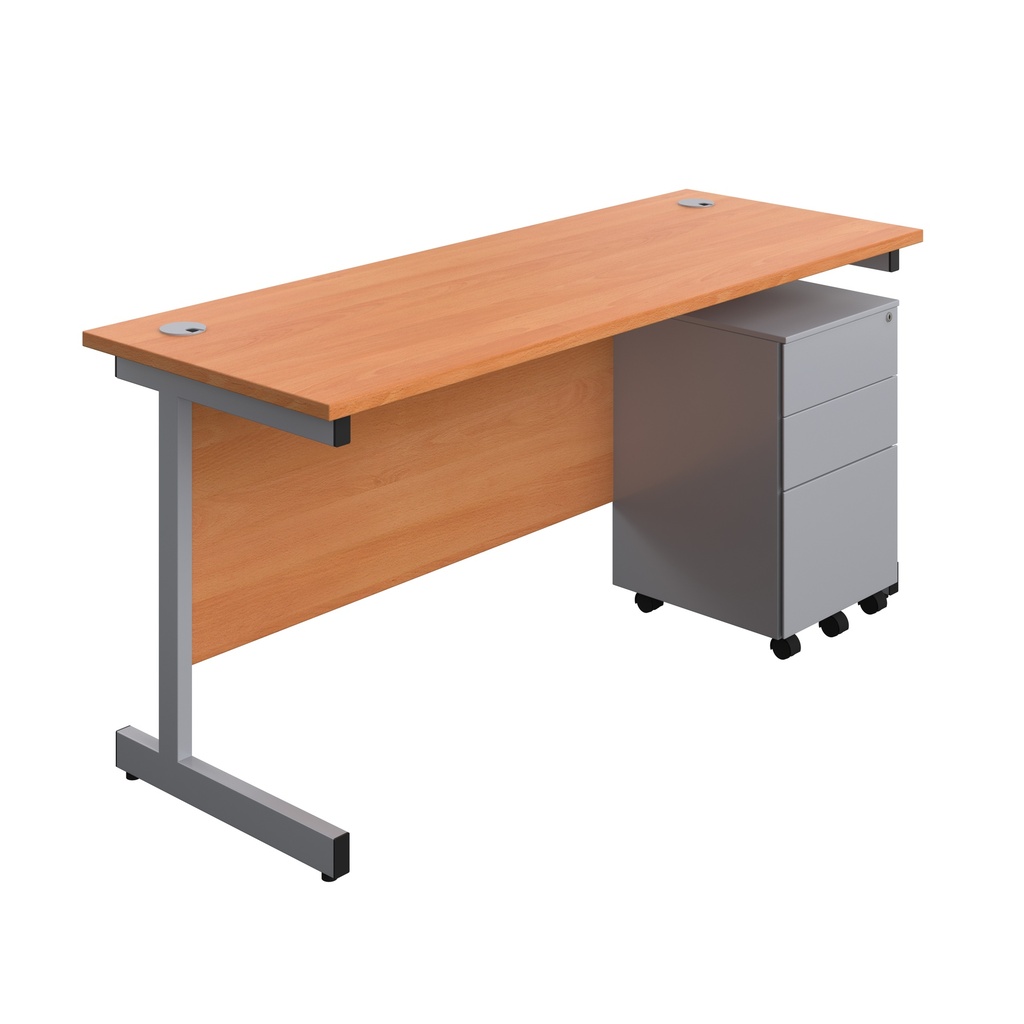 Single Upright Rectangular Desk + Under Desk Steel Pedestal 3 Drawers (FSC) | 1600 X 600 | Beech/Silver | 