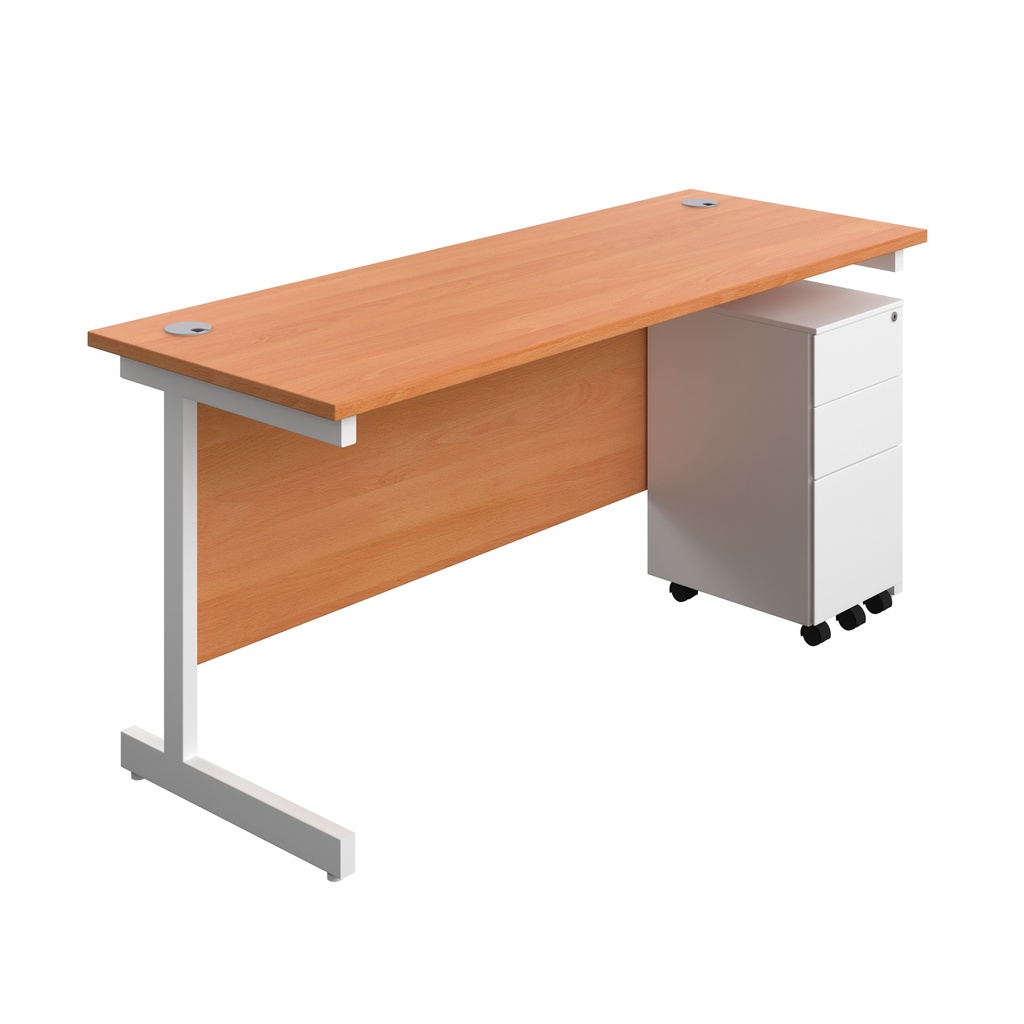 Single Upright Rectangular Desk + Slimline Steel Pedestal 3 Drawers (FSC) | 1600 X 600 | Beech/White | 