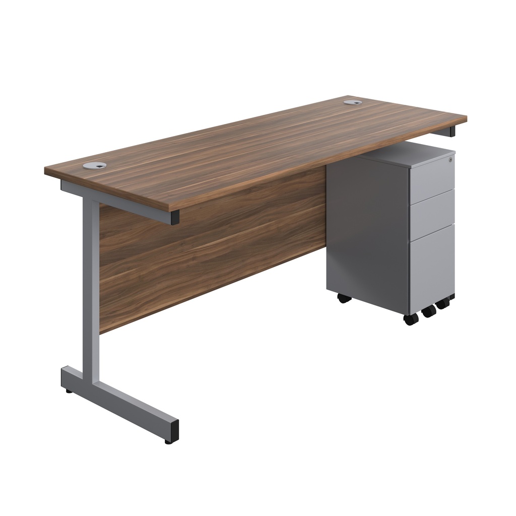 Single Upright Rectangular Desk + Slimline Steel Pedestal 3 Drawers (FSC) | 1600 X 600 | Dark Walnut/Silver | 