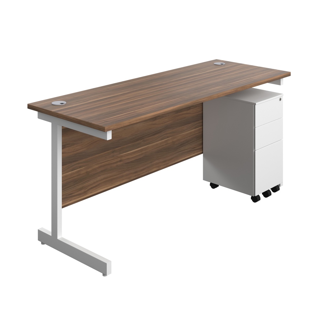 Single Upright Rectangular Desk + Slimline Steel Pedestal 3 Drawers (FSC) | 1600 X 600 | Dark Walnut/White | 