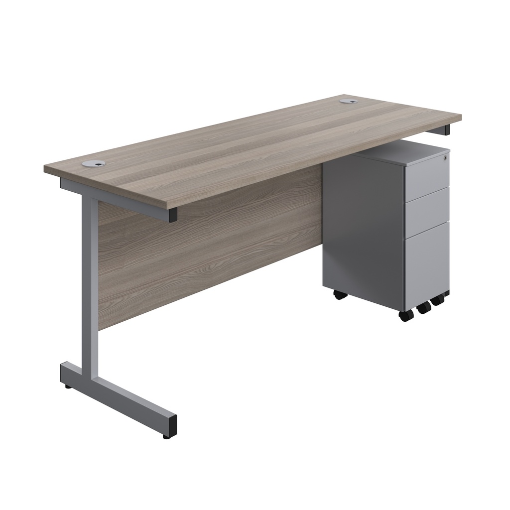 Single Upright Rectangular Desk + Slimline Steel Pedestal 3 Drawers (FSC) | 1600 X 600 | Grey Oak/Silver | 