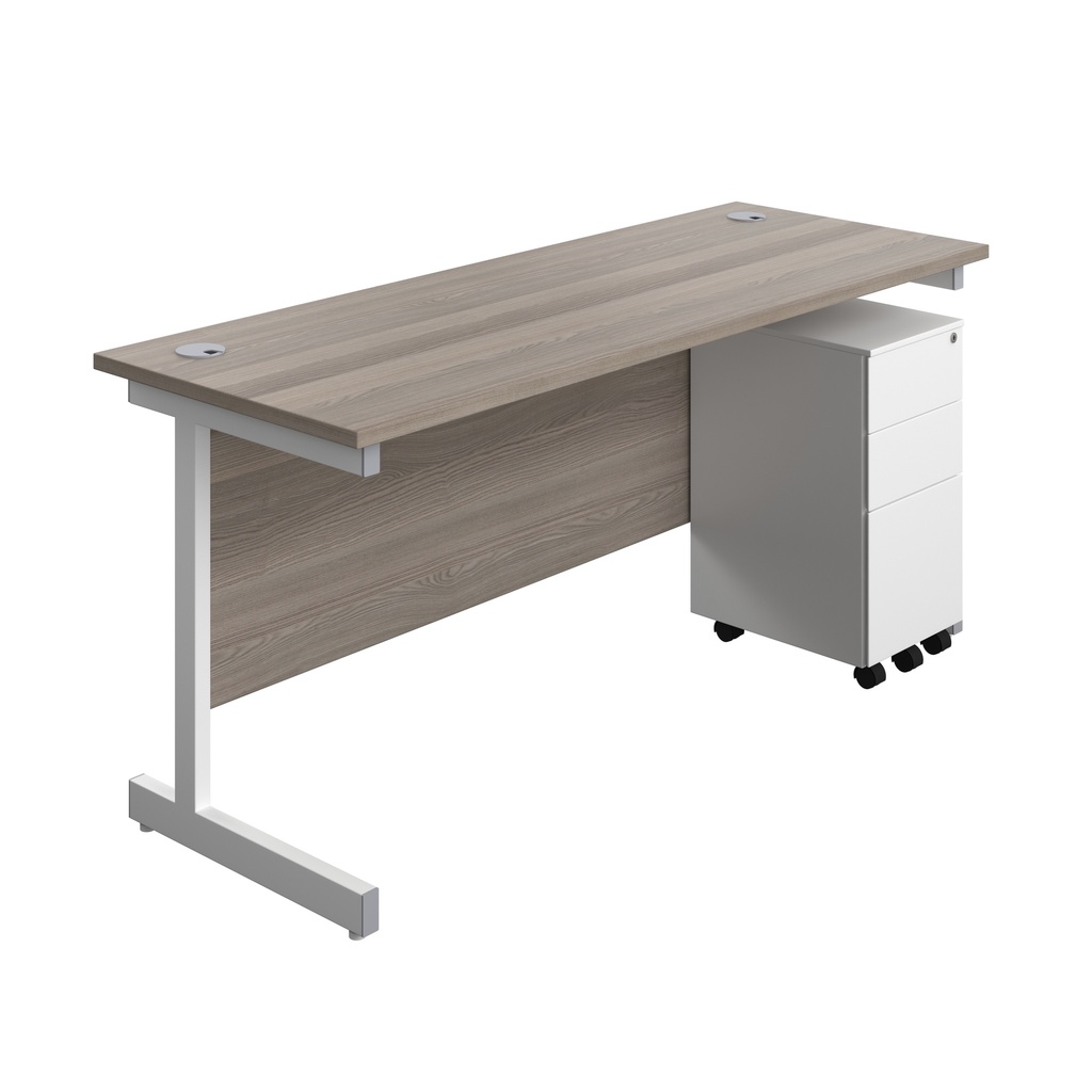 Single Upright Rectangular Desk + Slimline Steel Pedestal 3 Drawers (FSC) | 1600 X 600 | Grey Oak/White | 