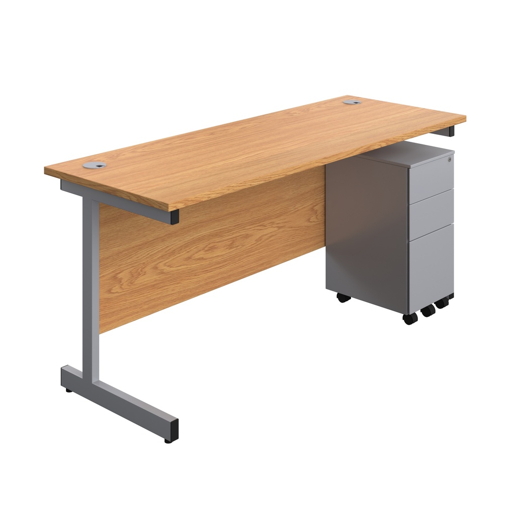 Single Upright Rectangular Desk + Slimline Steel Pedestal 3 Drawers (FSC) | 1600 X 600 | Nova Oak/Silver | 