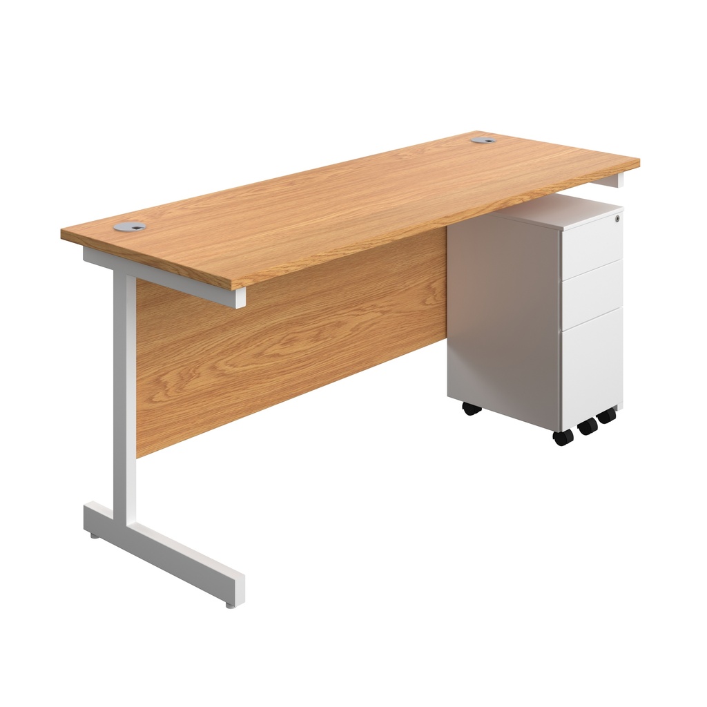 Single Upright Rectangular Desk + Slimline Steel Pedestal 3 Drawers (FSC) | 1600 X 600 | Nova Oak/White | 