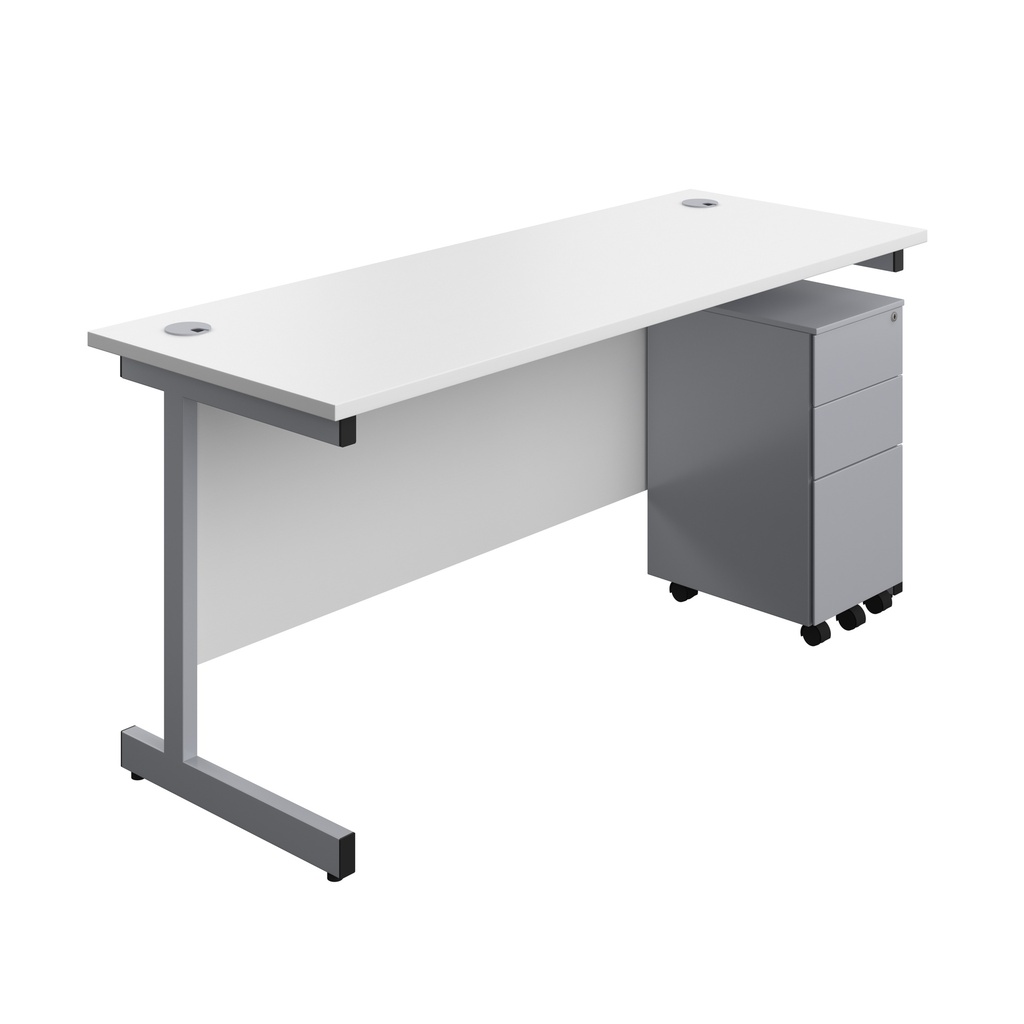 Single Upright Rectangular Desk + Slimline Steel Pedestal 3 Drawers (FSC) | 1600 X 600 | White/Silver | 
