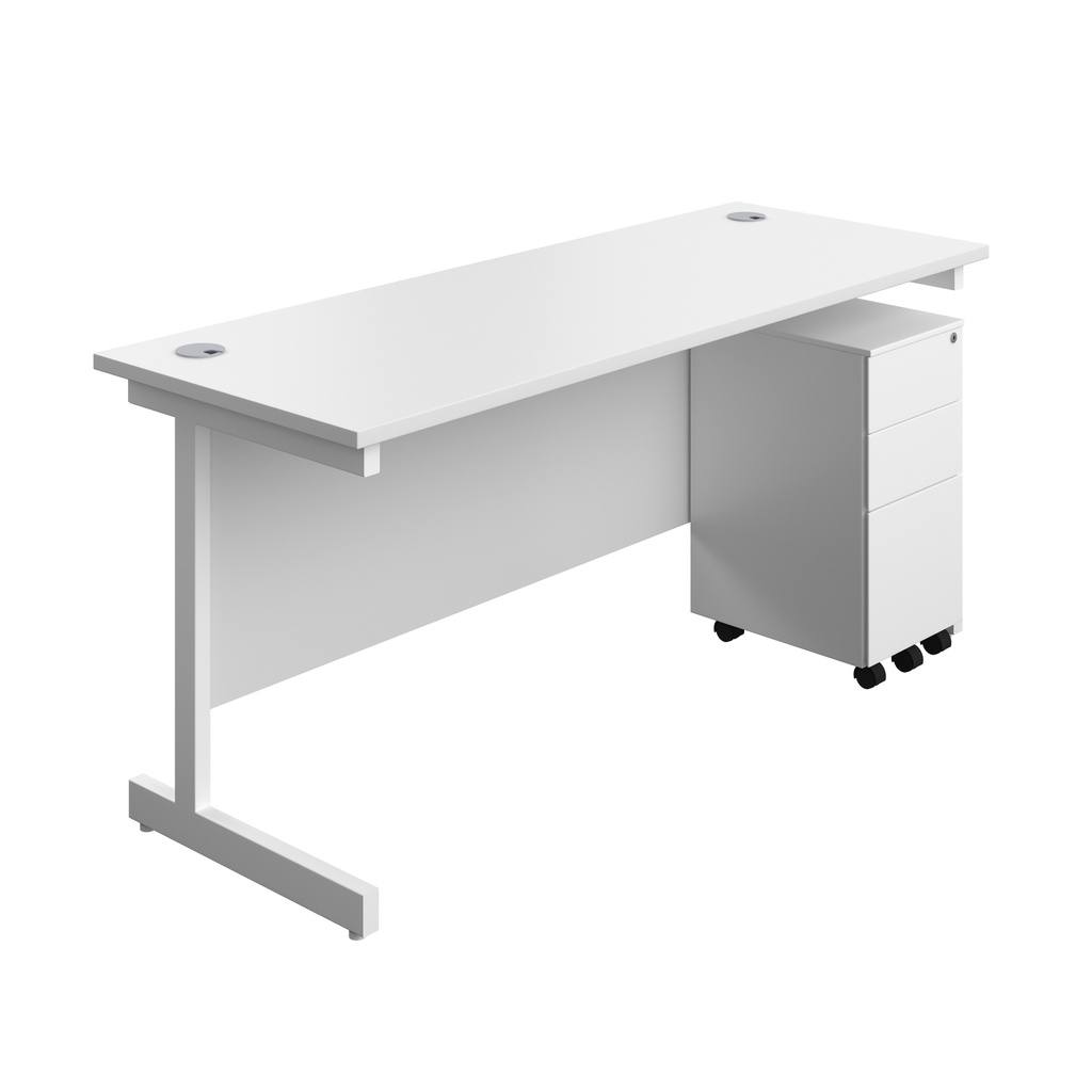 Single Upright Rectangular Desk + Slimline Steel Pedestal 3 Drawers (FSC) | 1600 X 600 | White/White | 
