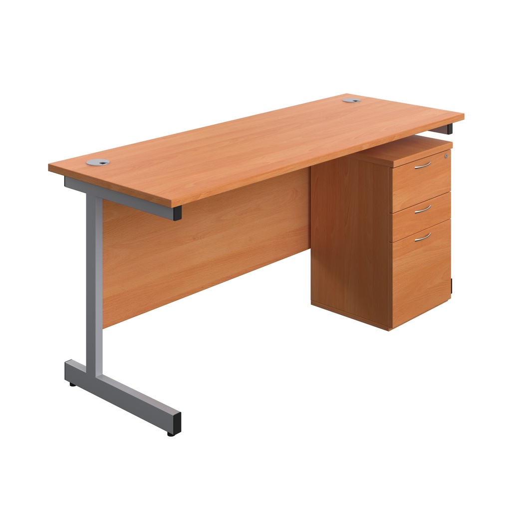 Single Upright Rectangular Desk + High Mobile Pedestal 3 Drawer (FSC) | 1600 X 600 | Beech/Silver | 