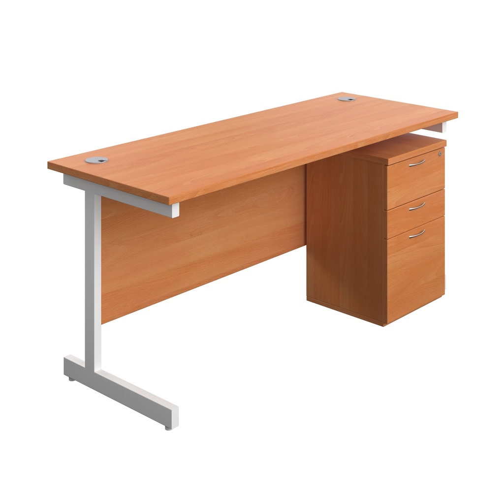 Single Upright Rectangular Desk + High Mobile Pedestal 3 Drawer (FSC) | 1600 X 600 | Beech/White | 