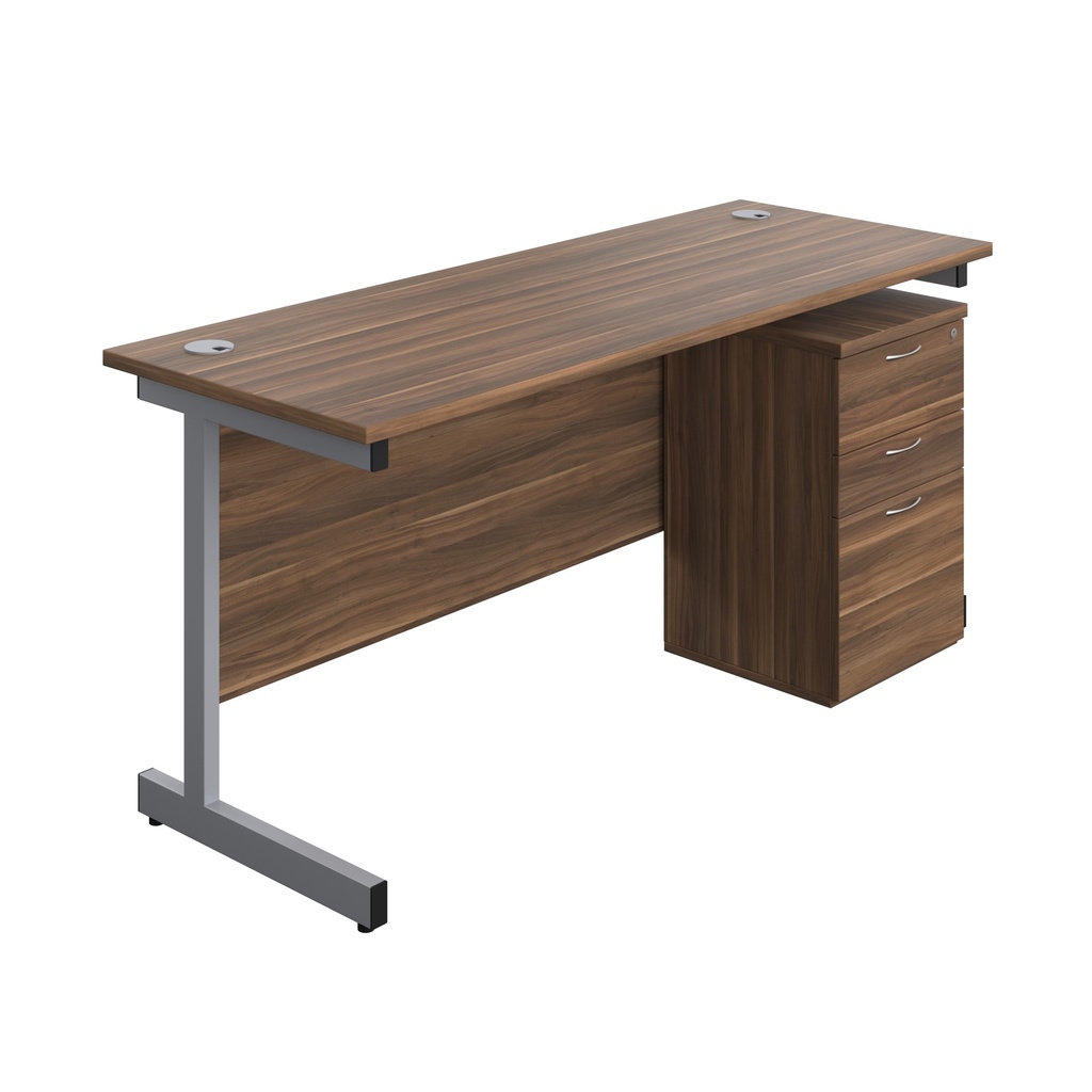 Single Upright Rectangular Desk + High Mobile Pedestal 3 Drawer (FSC) | 1600 X 600 | Dark Walnut/Silver | 