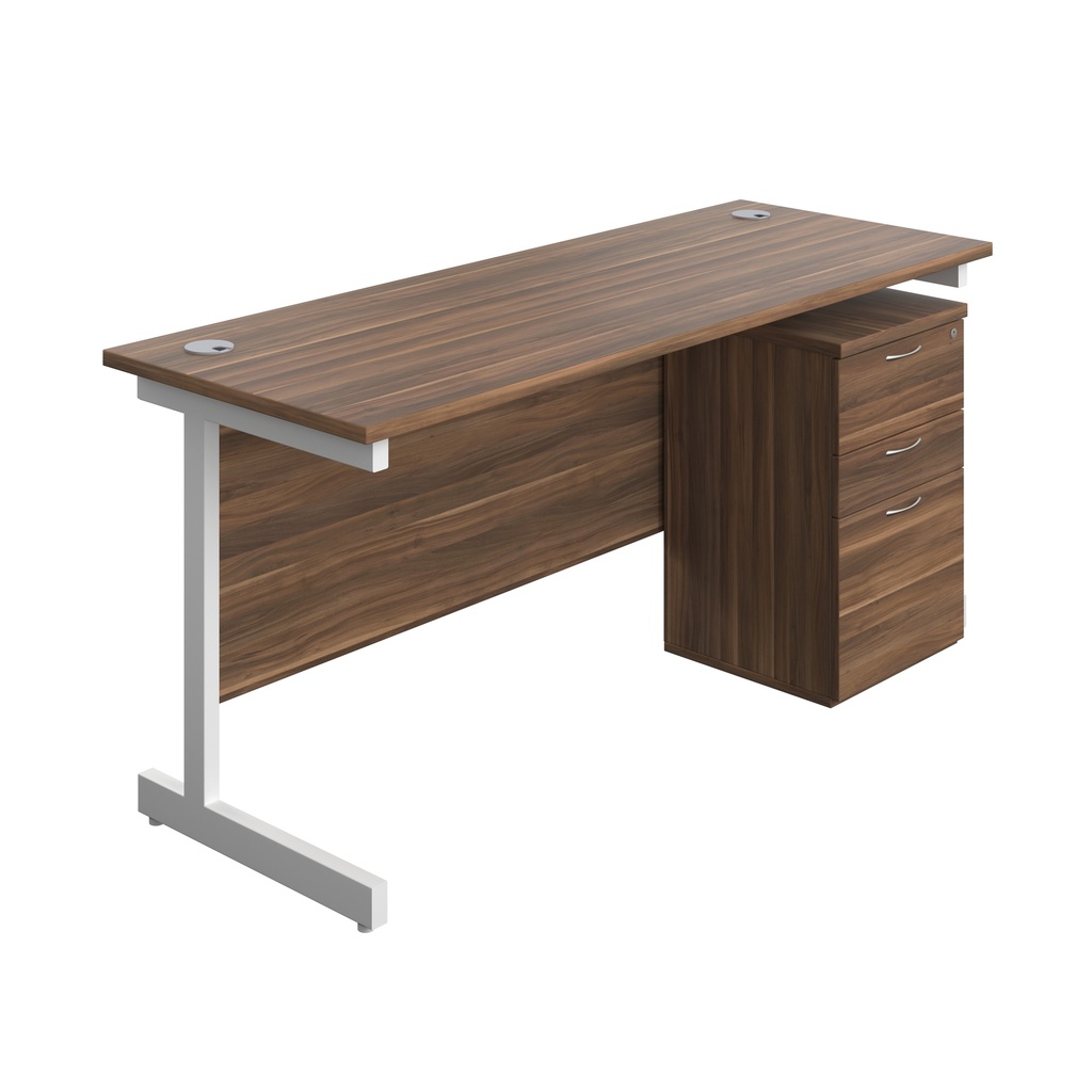Single Upright Rectangular Desk + High Mobile Pedestal 3 Drawer (FSC) | 1600 X 600 | Dark Walnut/White | 