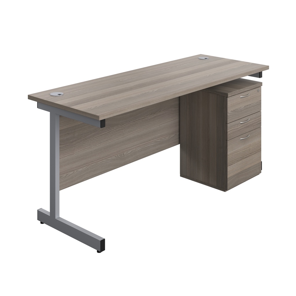 Single Upright Rectangular Desk + High Mobile Pedestal 3 Drawer (FSC) | 1600 X 600 | Grey Oak/Silver | 