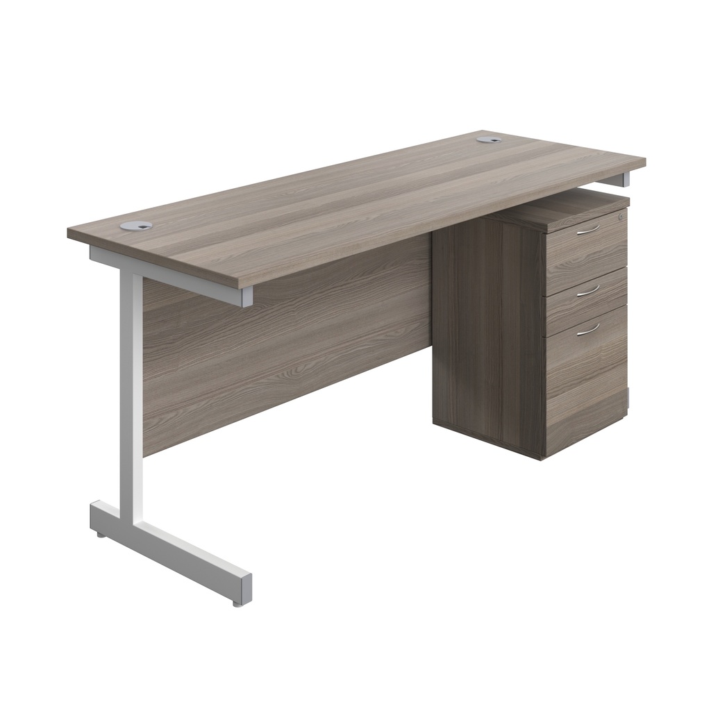 Single Upright Rectangular Desk + High Mobile Pedestal 3 Drawer (FSC) | 1600 X 600 | Grey Oak/White | 