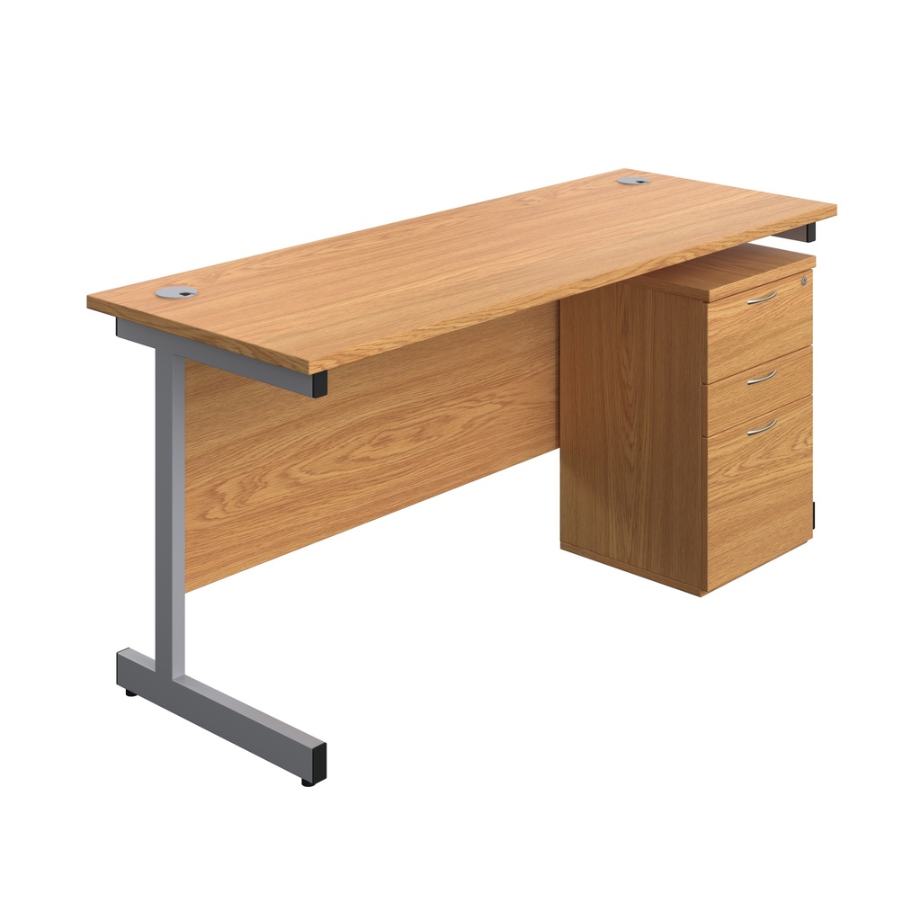 Single Upright Rectangular Desk + High Mobile Pedestal 3 Drawer (FSC) | 1600 X 600 | Nova Oak/Silver | 