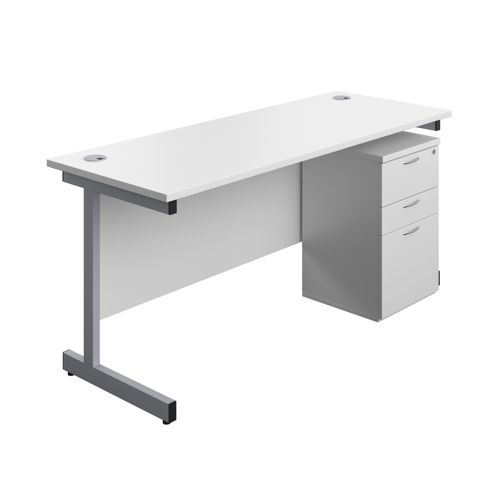 Single Upright Rectangular Desk + High Mobile Pedestal 3 Drawer (FSC) | 1600 X 600 | White/Silver | 