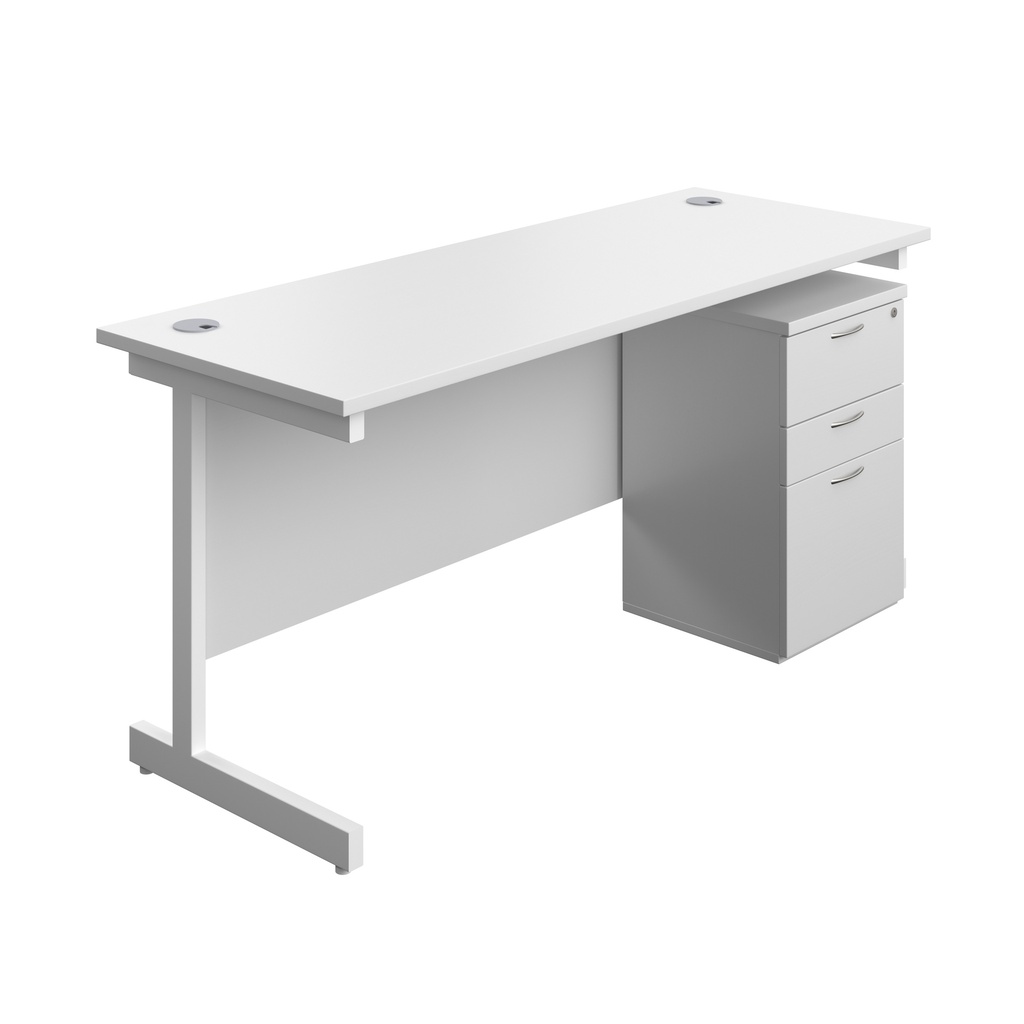 Single Upright Rectangular Desk + High Mobile Pedestal 3 Drawer (FSC) | 1600 X 600 | White/White | 